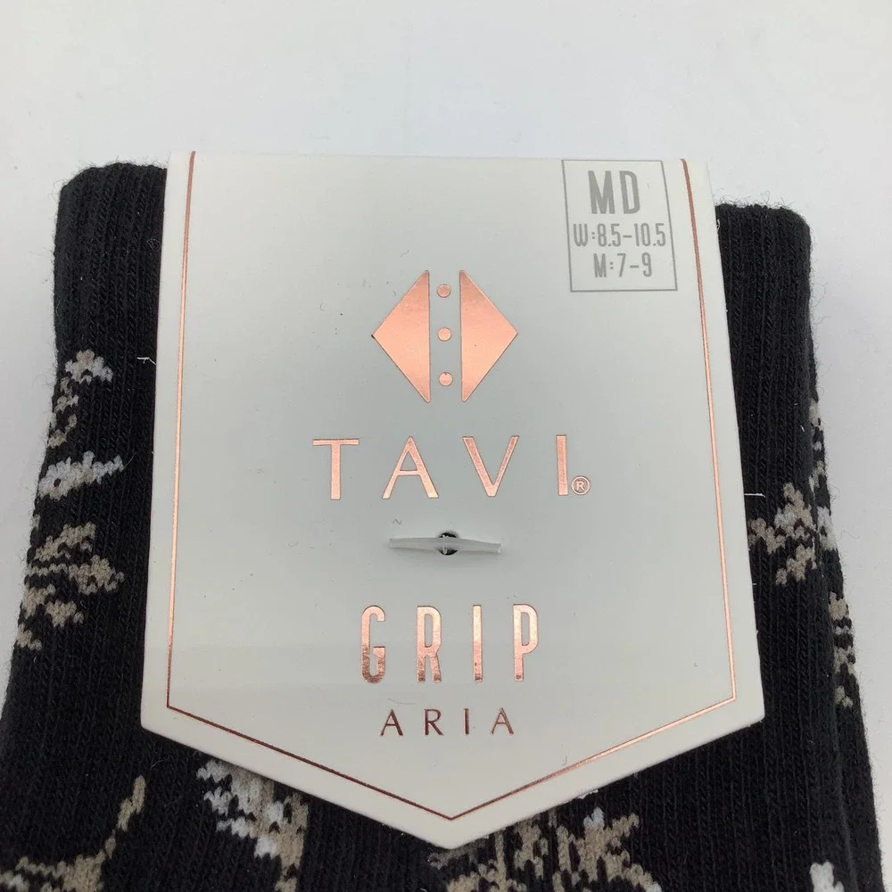Tavi Aria Grip Socks Ebony Floral Black Crew Yoga Pilates Barre Size Medium NWT‎
